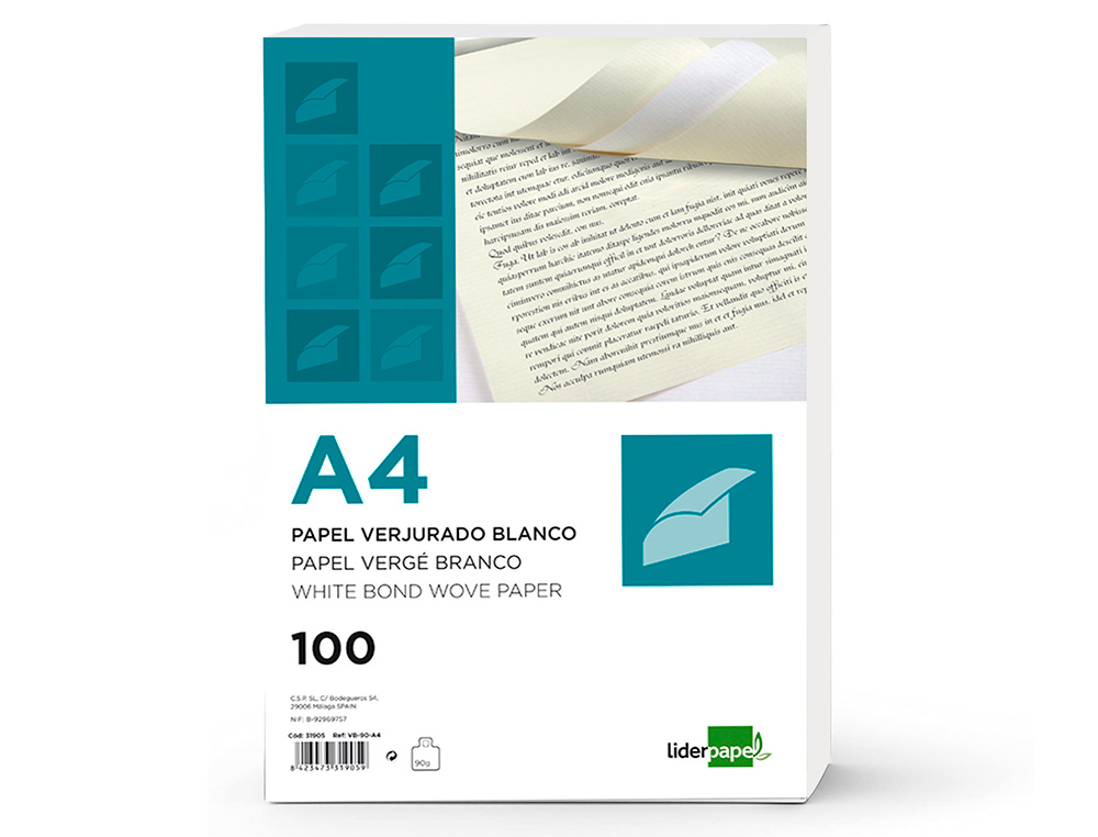 Papel verjurado liderpapel a4 90g/m2 crema paquete de 100 hojas