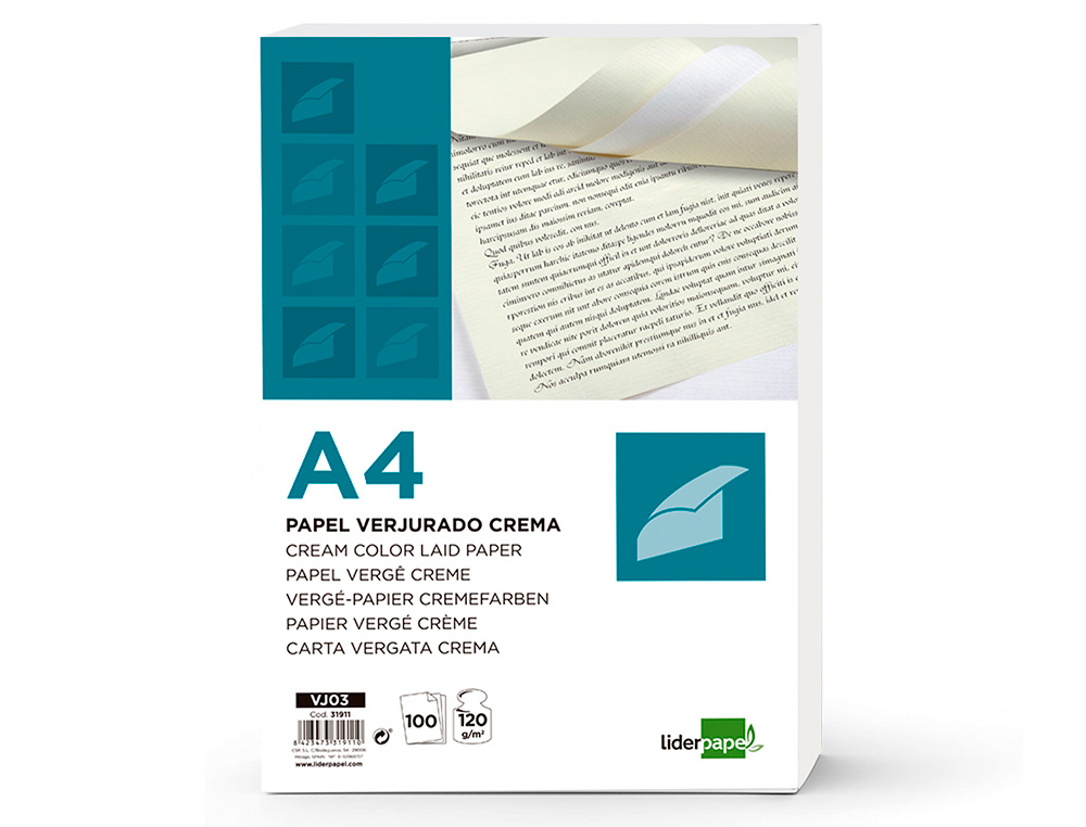 Papel verjurado liderpapel a4 120g/m2 crema paquete de 100 hojas