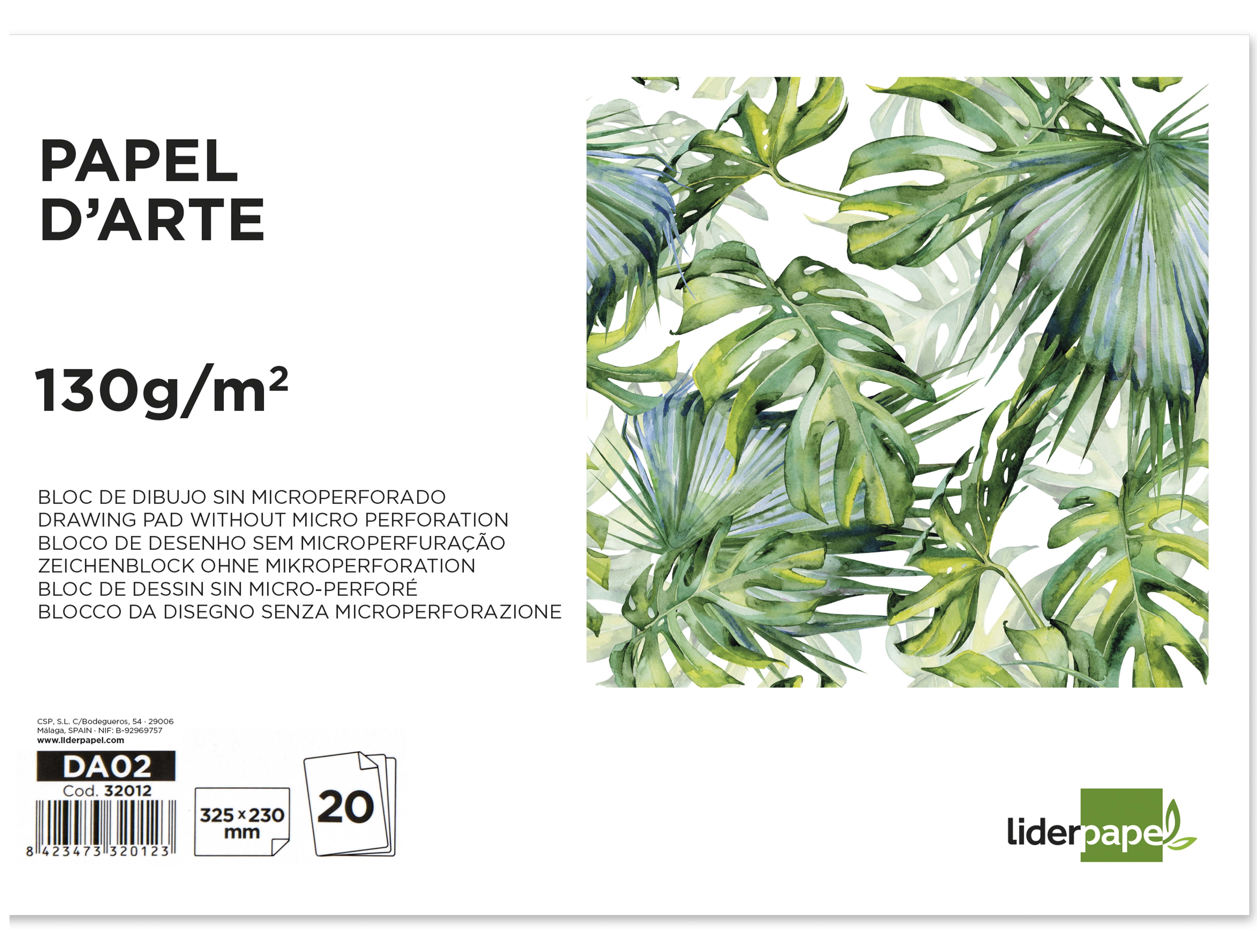 Bloc dibujo liderpapel artistico encolado 230x325mm 20 hojas 130g/m2 sin recuadro