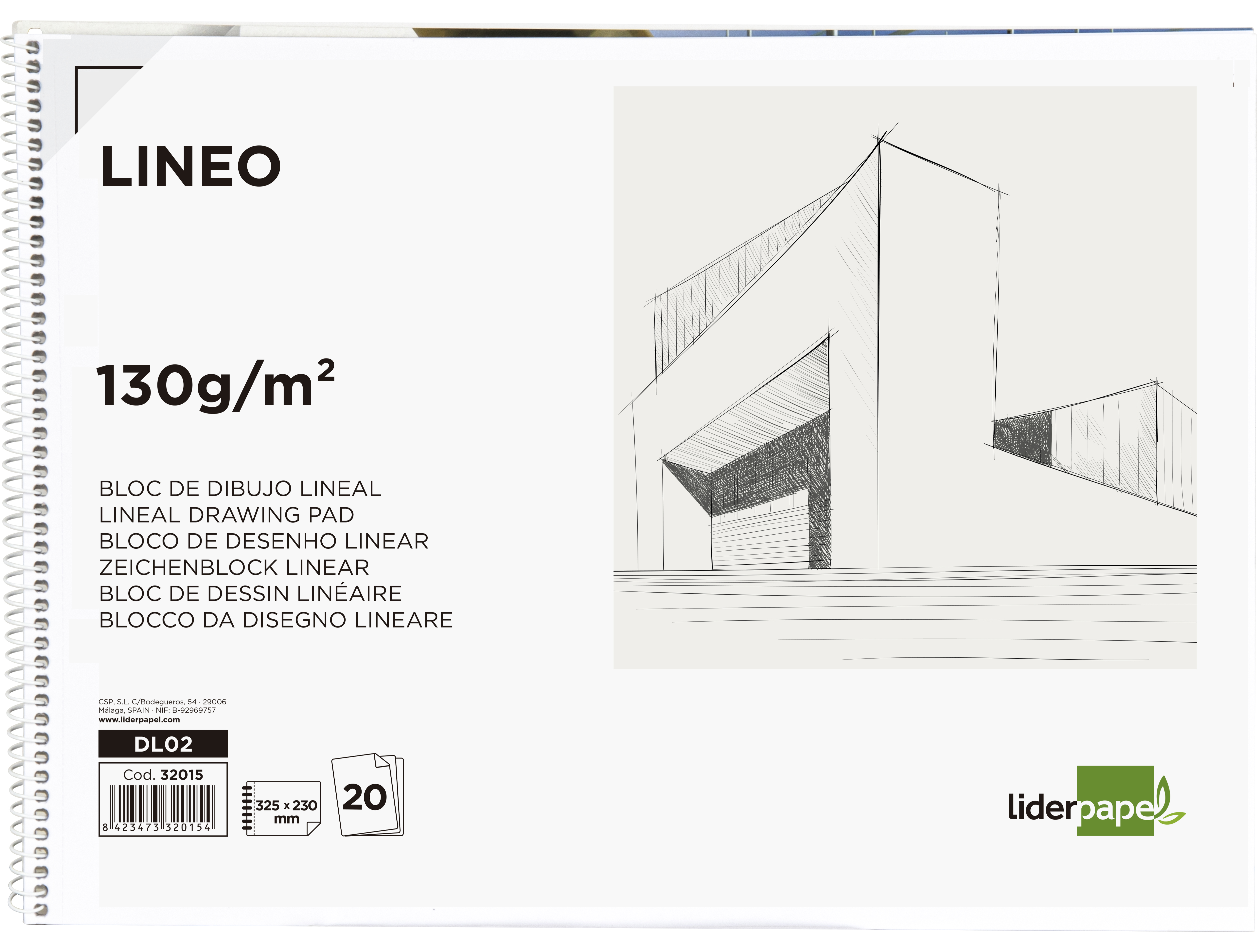 BLOC DIBUJO LIDERPAPEL LINEAL ESPIRAL 230X325MM 20 HOJAS 180 G/M2 CON  RECUADRO PERFORADO