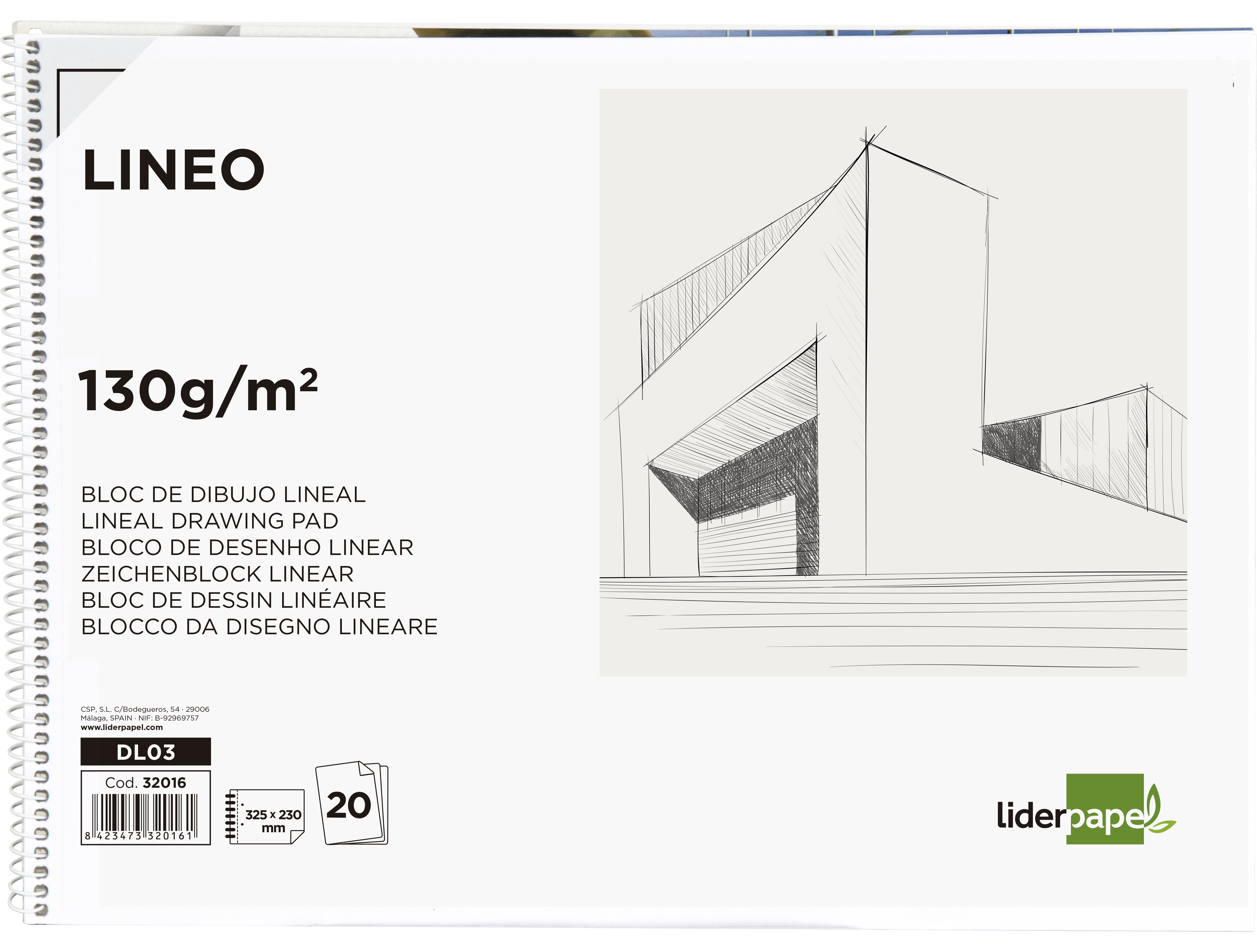 Bloc dibujo liderpapel lineal espiral 230x325mm 20 hojas 130g/m2 con recuadro 2 taladros perforado