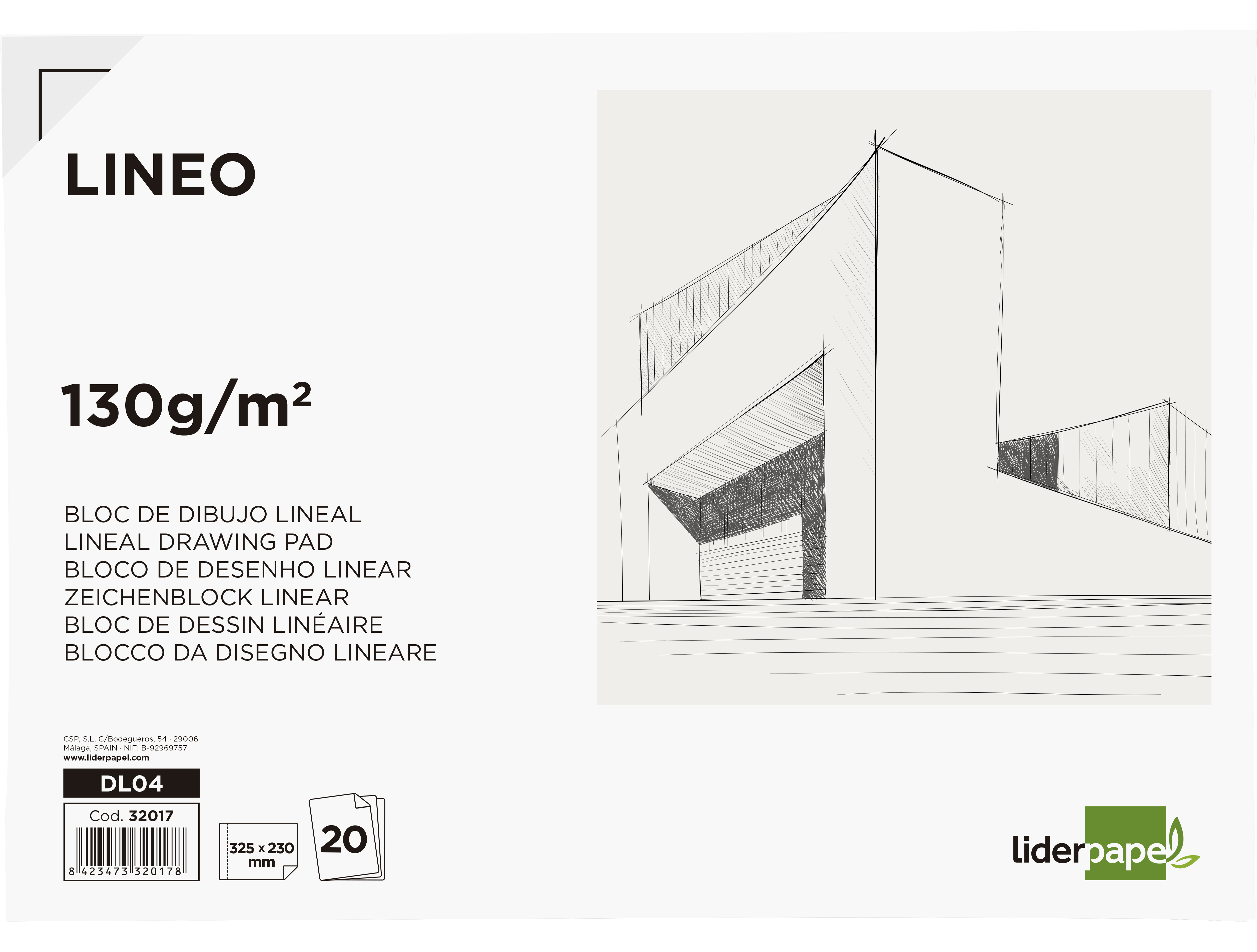 Bloc dibujo liderpapel lineal encolado 230x325mm 20 hojas 130g/m2 con recuadro