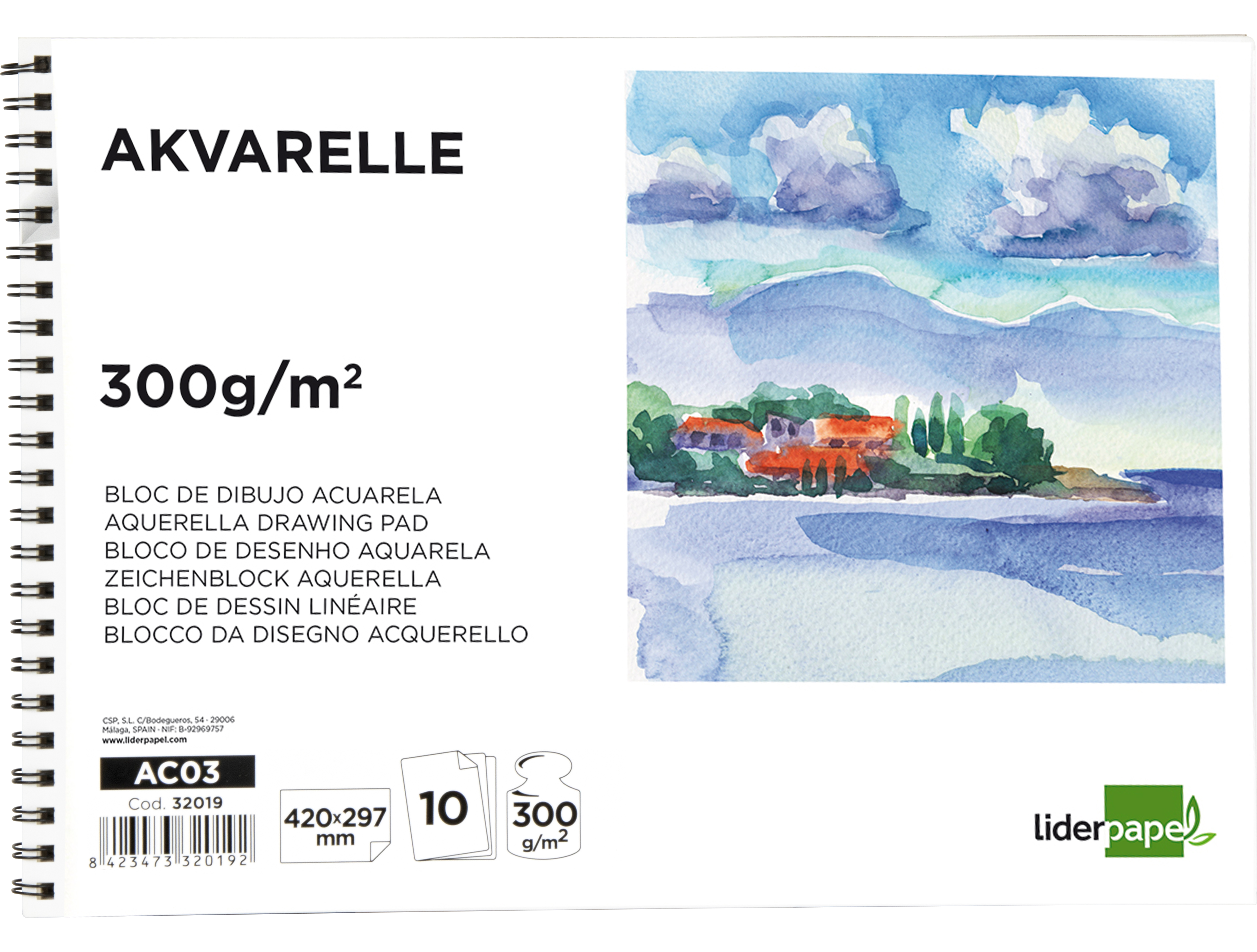 Bloc dibujo liderpapel acuarela espiral 297x420mm 10 hojas 300g/m2 sin recuadro