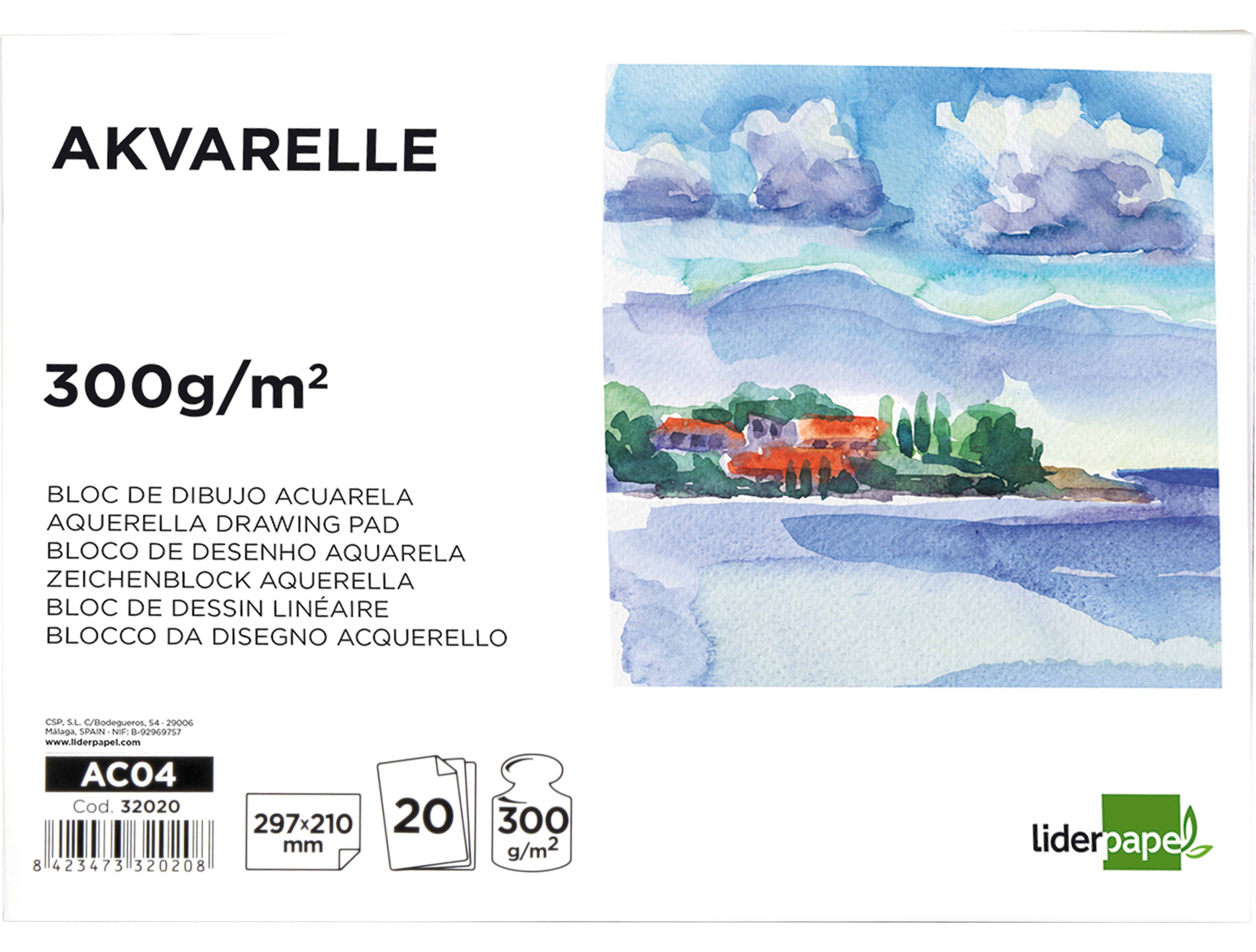 Bloc dibujo liderpapel acuarela encolado 210x297mm 20 hojas 300g/m2 sin recuadro