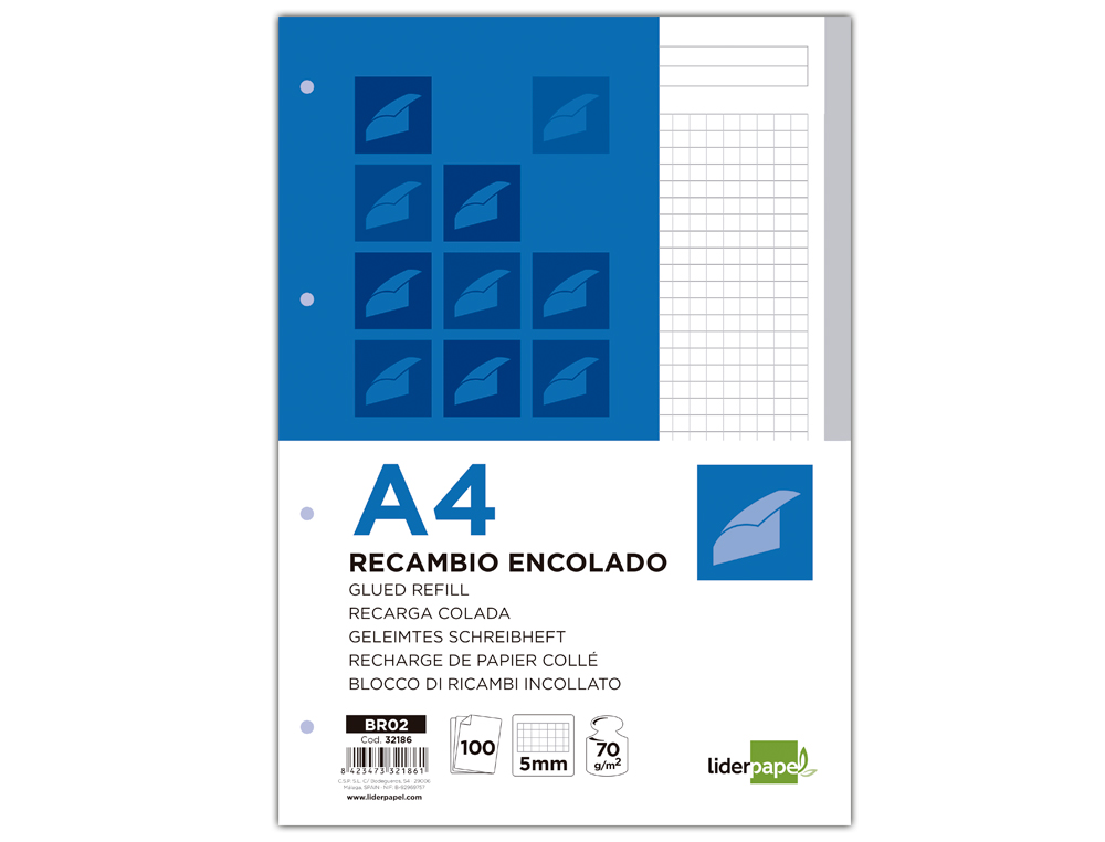 Bloc encolado liderpapel cuadro 5mm gris a4 natural 100 hojas 70 g/m2