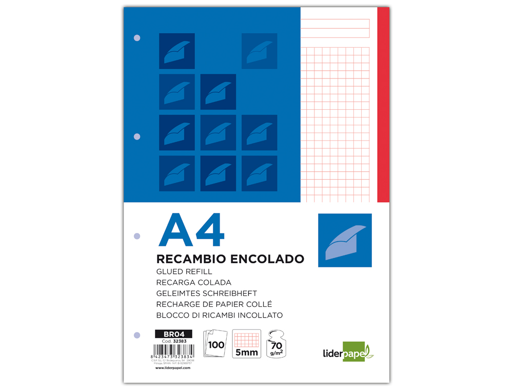 Bloc encolado liderpapel cuadro 5mm rojo a4 natural 100 hojas 70 g/m2