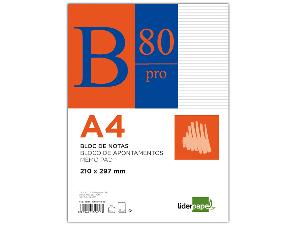 Bloc notas liderpapel horizontal a4 80 hojas 60g/m2 encolado