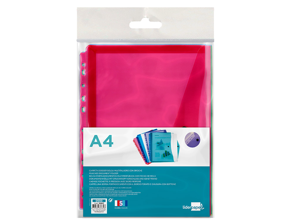CARPETA LIDERPAPEL DOSSIER BROCHE 36669 POLIPROPILENO DIN A4 PACK DE 5 COL.SURTIDOS TRANSPARENTE MULTITALADRO