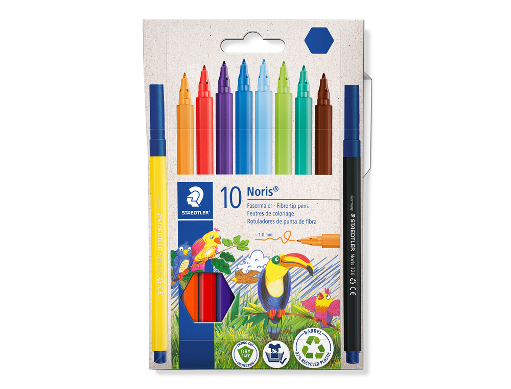 ROTULADOR STAEDTLER NORIS 326 PUNTA DE FIBRA NUEVO CUERPO HEXAGONAL CAJA DE 10 UNIDADES COLORES SURTIDOS