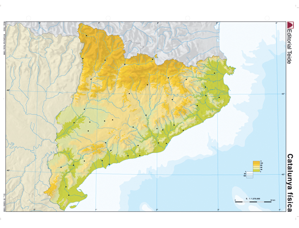 Mapa mudo color din a4 cataluña fisico