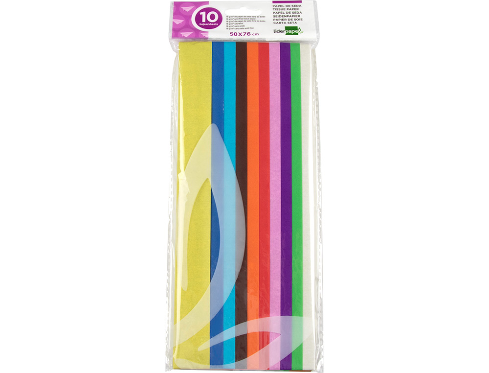 Papel seda liderpapel 52x76cm 18g/m2 bolsa de 10 hojas colores surtidos