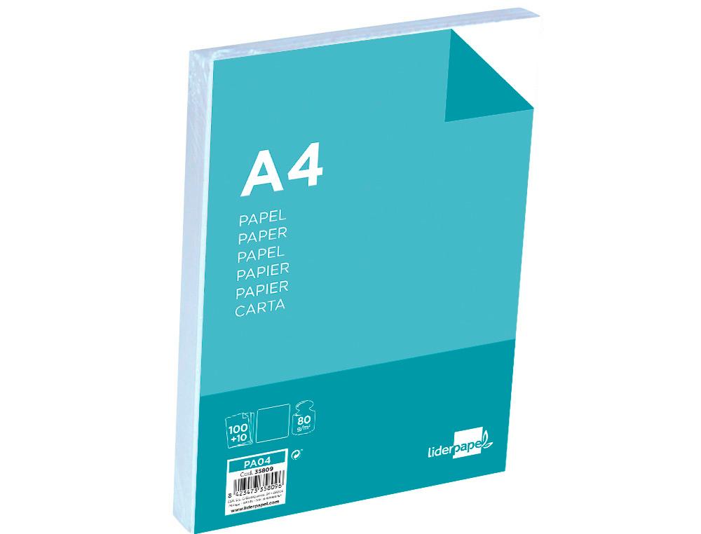 PAPEL LIDERPAPEL A4 8OG/M2 LISO PAQUETE DE 100 HOJAS + 10 HOJAS GRATIS