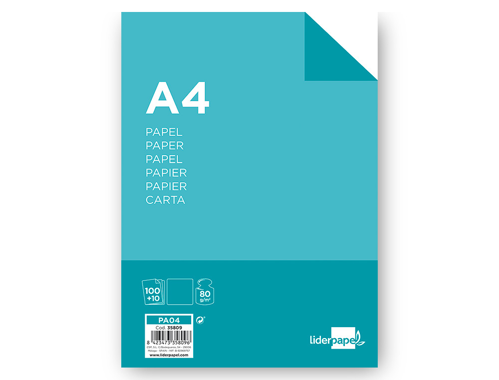 PAPEL LIDERPAPEL A4 8OG/M2 LISO PAQUETE DE 100 HOJAS + 10 HOJAS GRATIS