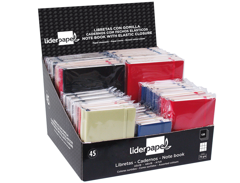 LIBRETA LIDERPAPEL SIMIL PIEL 120 HOJAS 70G/M2 CUADRO 4MM EXPOSITOR DE 45 UNIDADES COLORES SURTIDOS