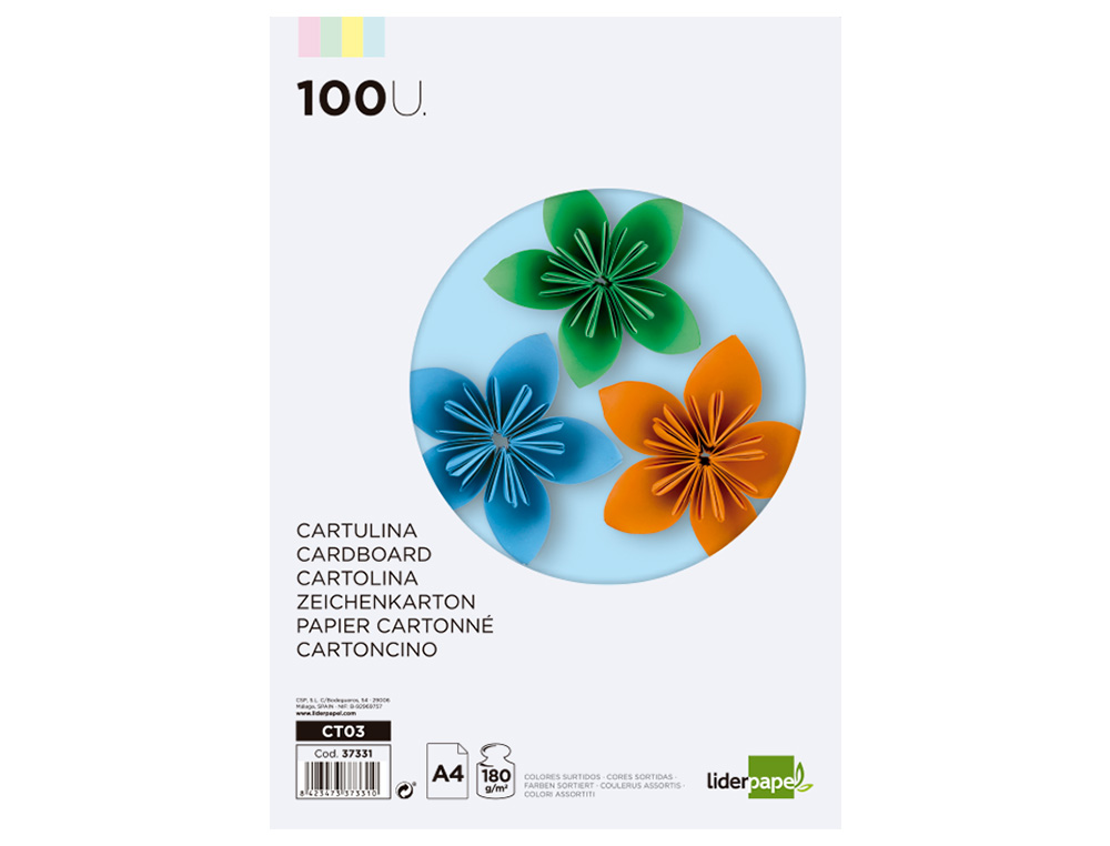 Cartulina liderpapel a4 180g/m2 4 colores surtidos paquete de 100 hojas