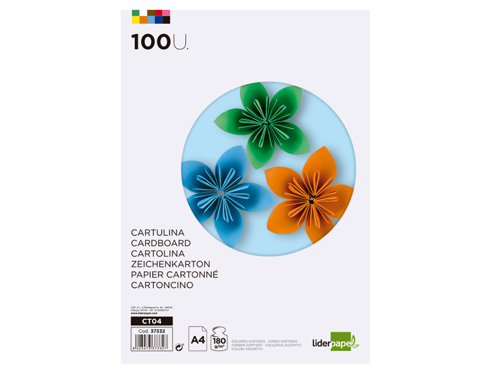 Cartulina liderpapel a4 180g/m2 10 colores surtidos paquete de 100 hojas