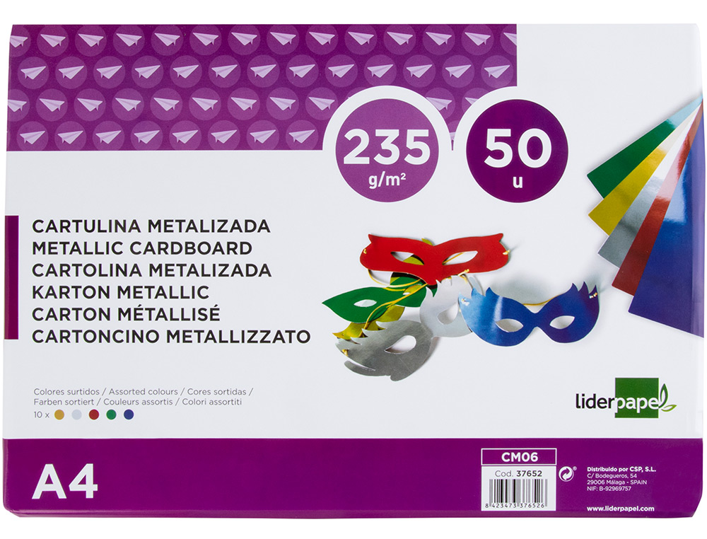 Cartulina liderpapel a4 235 g/m2 metalizada 5 colores surtidos paquete de 50 hojas