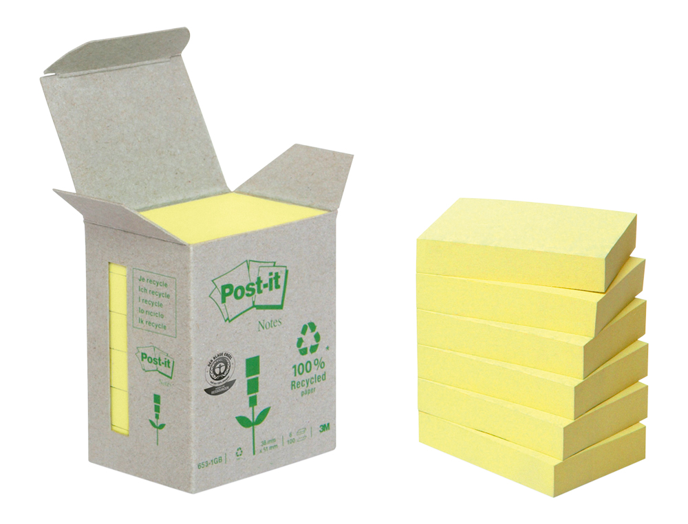 Bloc de notas adhesivas quita y pon reciclada en torre post-it 38 x 51 mm 24 blocs 653 reciclado