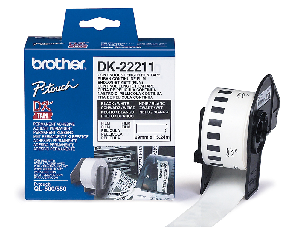 Etiqueta brother dk22211 cinta plastica continua adhesiva blanca 29mmx15,24mts