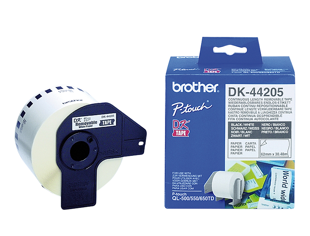 Etiqueta brother dk44205 cinta papel continuo adhesiva removible blanca 62x30,48 mt