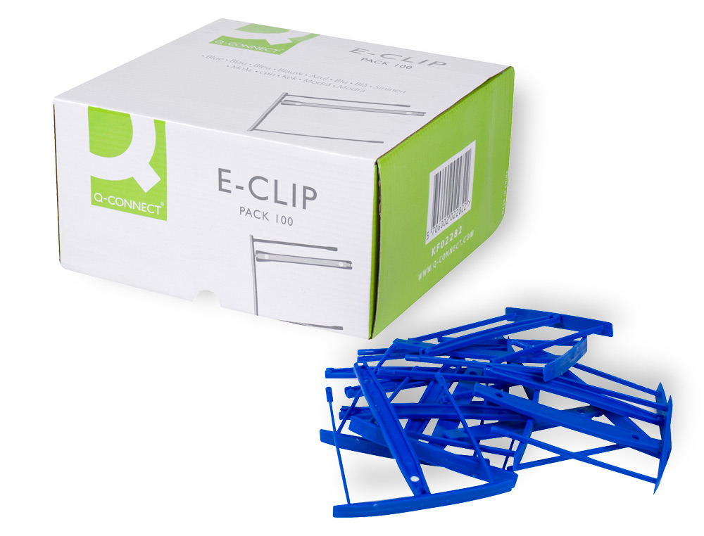 Encuadernador fastener q-connect plastico e-clips color azul caja de 100 unidades