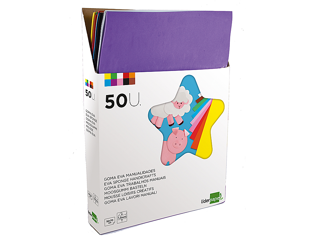 Goma eva liderpapel expositor de 50 planchasx10 colores surtidos 50x70 cm 1,5 mm espesor