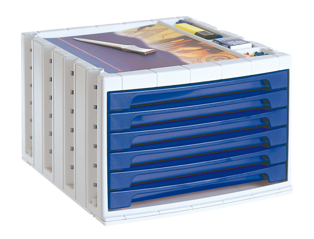 Fichero cajones de sobremesa q-connect 305x370x215 mm bandeja organizadora superior 6 cajones azul opaco