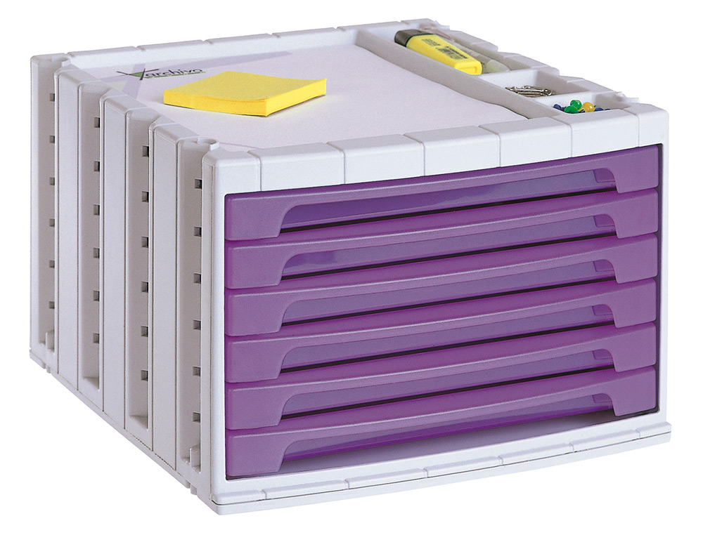 Fichero cajones de sobremesa q-connect 305x370x215 mm bandeja organizadora superior 6 cajones violeta translucido