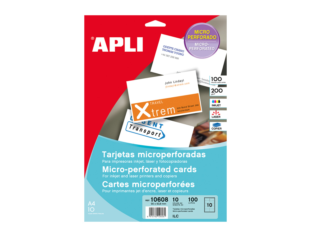 Tarjeta de visita apli microperforada 200 grs acabado mate 90x50,8 mm impresora ink-jet y laser.