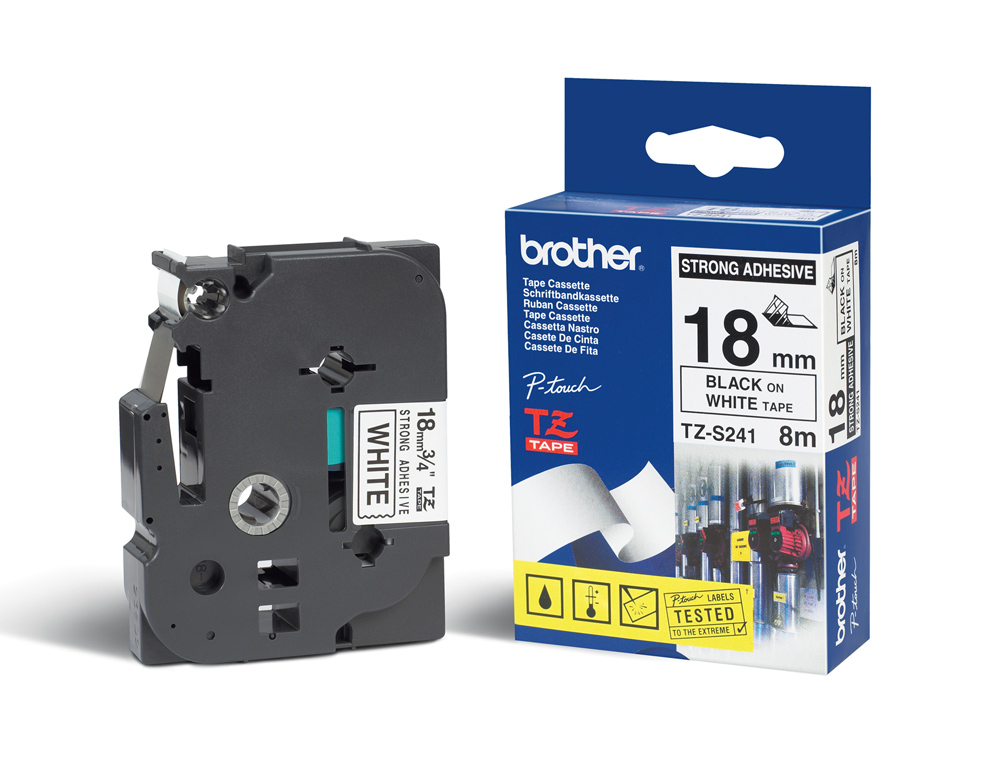 Cinta brother tzes241 blanco-negro 18mm longitud 8 mt superadhesiva