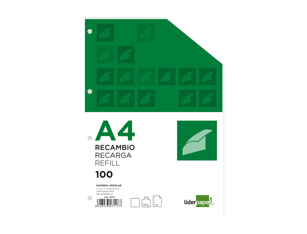 Recambio liderpapel a4 100 hojas 100g/m2 liso sin margen 4 taladros