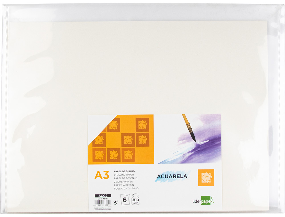 Papel dibujo liderpapel 297x420mm 300g/m2 acuarela pack de 6 hojas