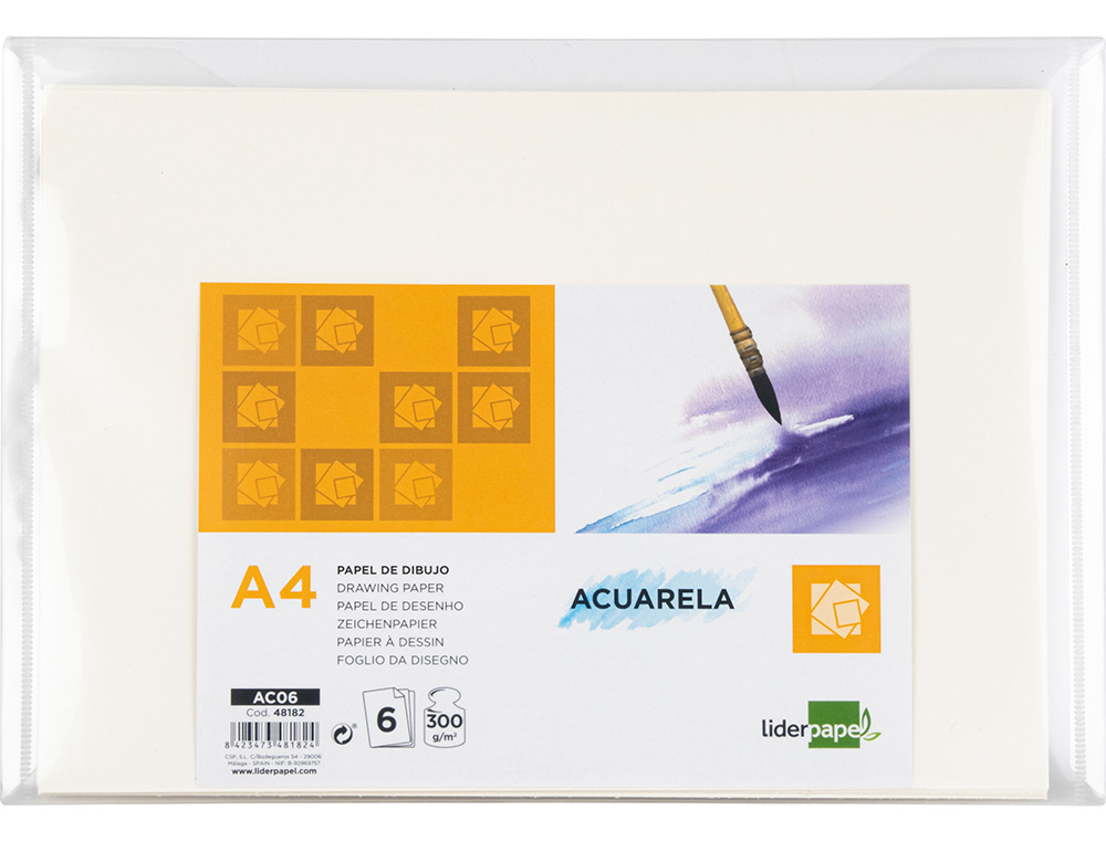 Papel dibujo liderpapel 210x297mm 300g/m2 acuarela pack de 6 hojas