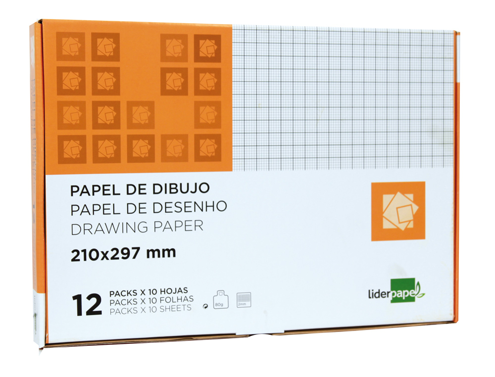 Papel dibujo liderpapel 210x297mm 80g/m2 milimetrado pack de 10 hojas