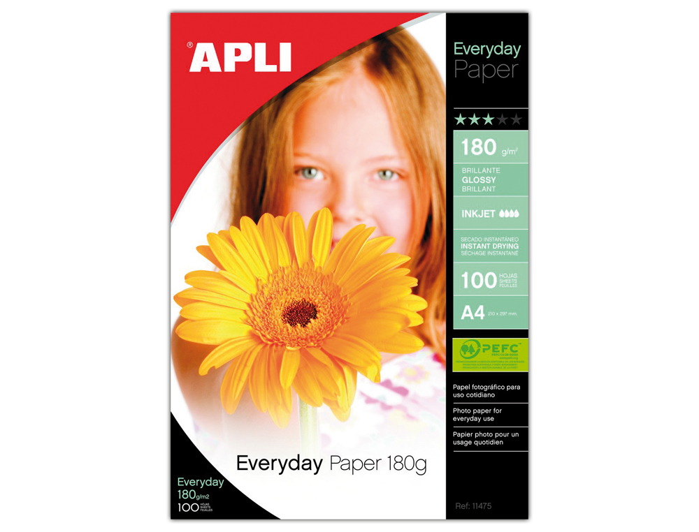 PAPEL FOTOGRAFICO APLI GLOSSY DIN A4 PACK 100 HOJAS DE 180 GR