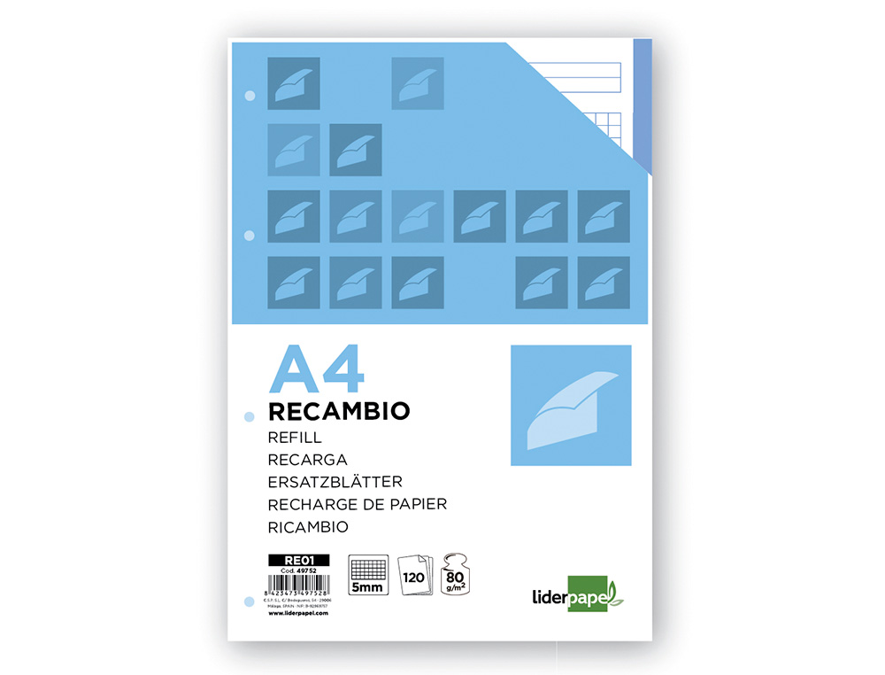 Recambio liderpapel a4 120 hojas 80g/m2 cuadro 5mm sin margen 4 taladros bandas de 5 colores