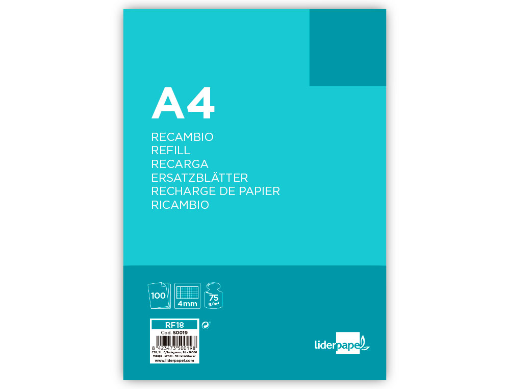 Recambio liderpapel a4 100 hojas 75g/m2 cuadro 4mm con margen 4 taladros