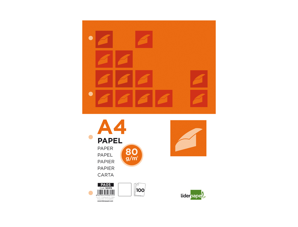 Papel liderpapel a4 80g/m2 liso 4 taladros paquete de 100 hojas