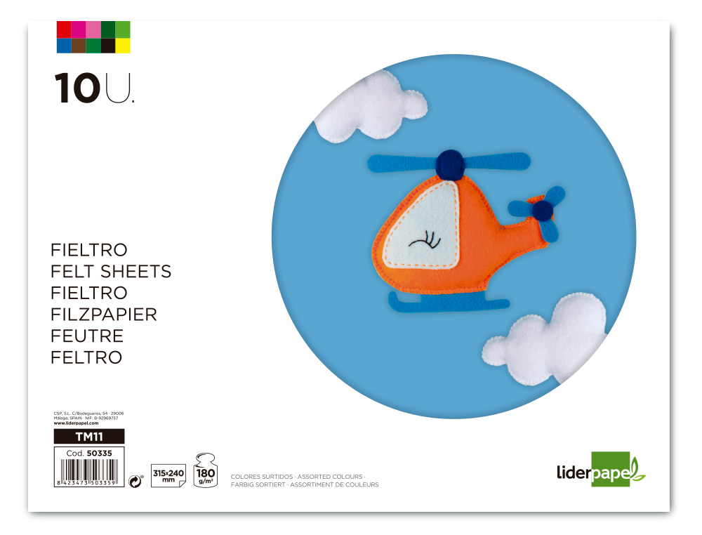 BLOCO TRABALHOS MANUAIS LIDERPAPEL FELTRO 210X297MM 10 F 180 GR CORES SORTIDAS