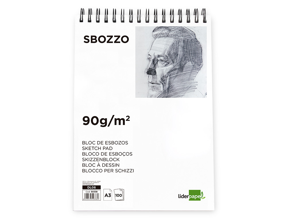 Bloc dibujo liderpapel esbozos espiral a3 297x420mm 100 hojas 90g/m2 sin recuadro