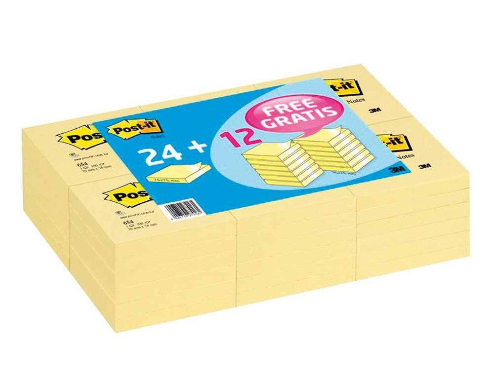 Bloc de notas adhesivas quita y pon post-it 76x76 mm pack promocional 24+12 unidades