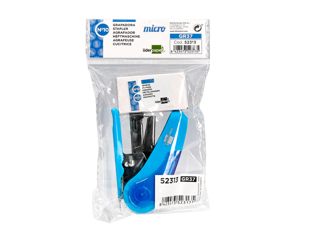 GRAPADORA LIDERPAPEL MICRO CON REGALO DE FUNDA Y CAJA DE 1000 GRAPAS N10 CAPACIDAD 12 HOJAS COLORES SURTIDOS