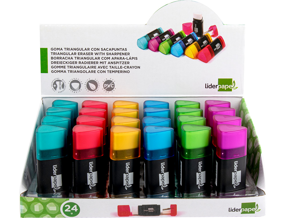 GOMA DE BORRAR LIDERPAPEL TRIANGULAR CON SACAPUNTAS