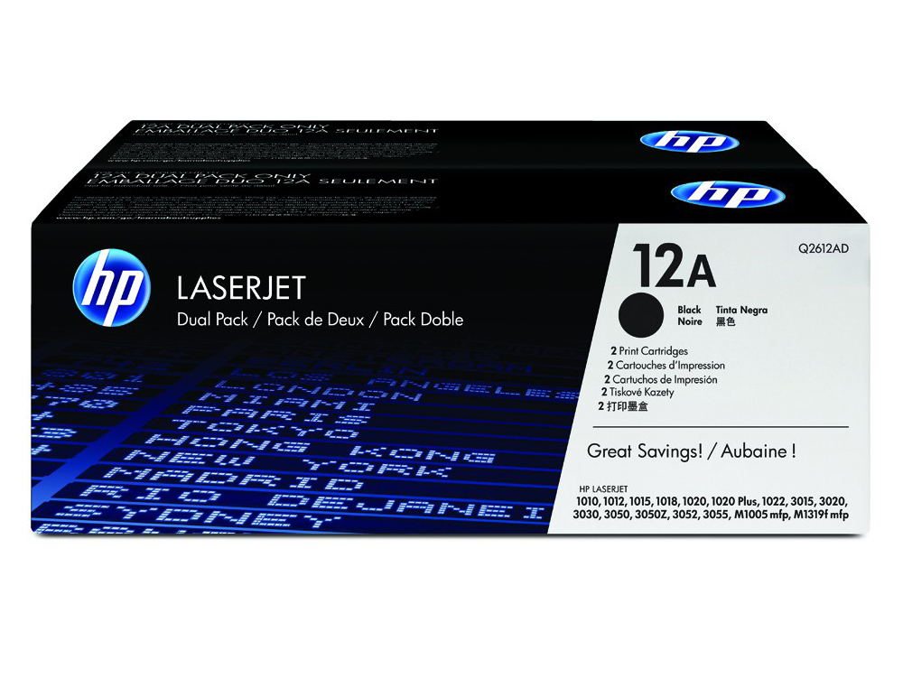 Toner hp laserjet 1010 1012 1015 1018 1020 1022 3015 3020 3030 3050 3052 3055 12a negro pack 2 2.000