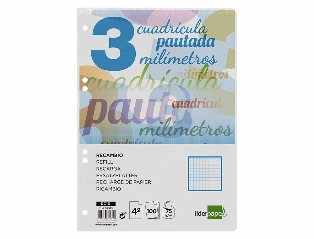 Recambio liderpapel cuarto pautaguia 100 hojas 75 g cuadriculado pautado 3 mm con margen 6 taladros