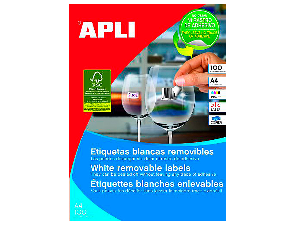 Etiqueta adhesivas apli 3056 tamaño 64,6 x 33,8 mm para fotocopiadora laser ink-jet caja con 100 hojas a-4 removi.