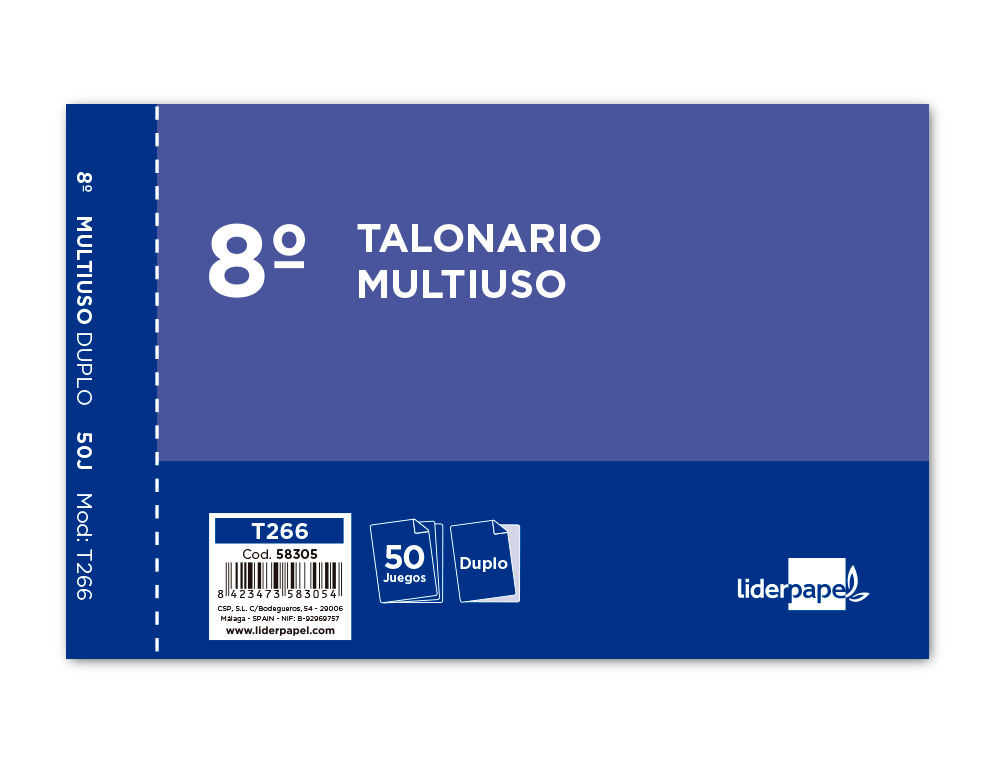 Talonario liderpapel multiuso octavo duplicado apaisado