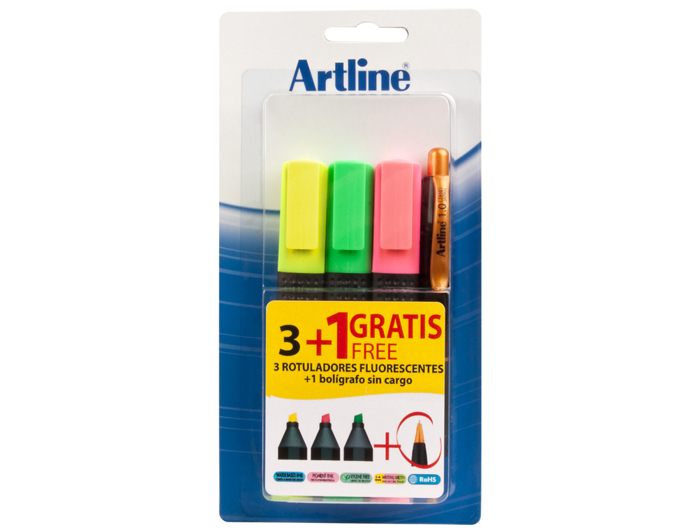 Rotulador artline fluorescente ek-660 blister de 3 unidades + 1 boligrafo serie 7000 sin cargo