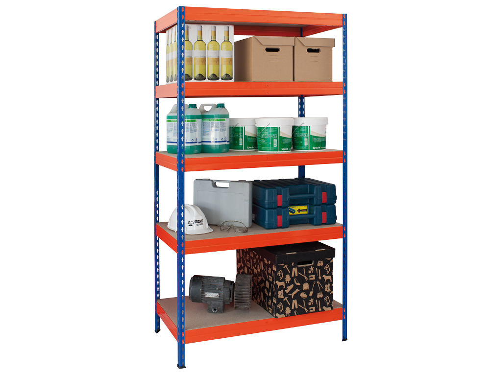 ESTANTERIA METALICA AR STORAGE 180X90X45 CM 5 ESTANTES 200KG POR ESTANTE BANDEJAS DE MADERASIN TORNILLOS AZUL NARANJA