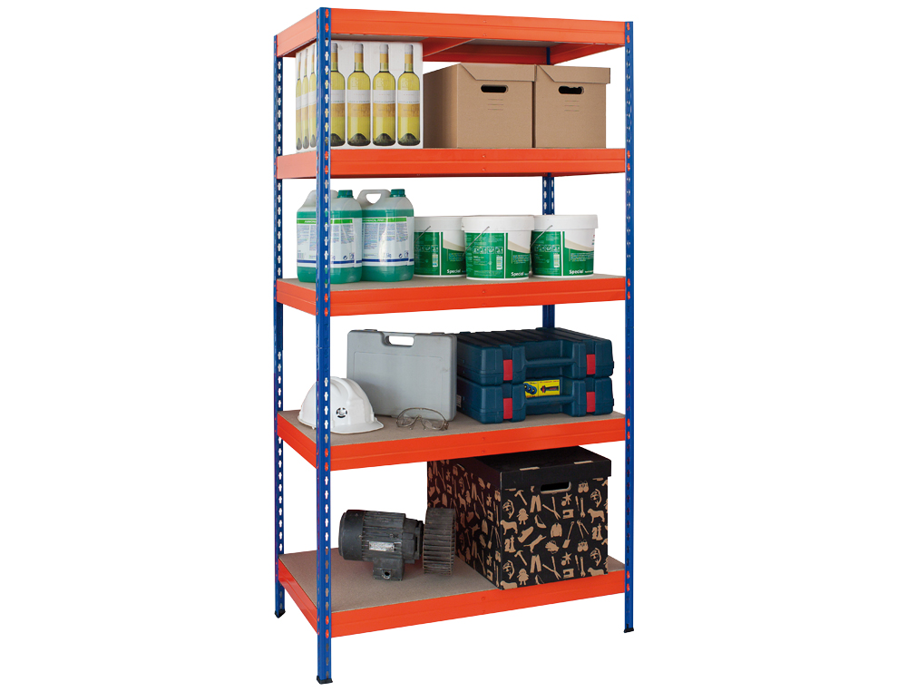 ESTANTERIA METALICA AR STORAGE 192X100X50CM 5 ESTANTES 300KG POR ESTANTE BANDEJAS DE MADERASIN TORNILLOS AZUL NARANJA